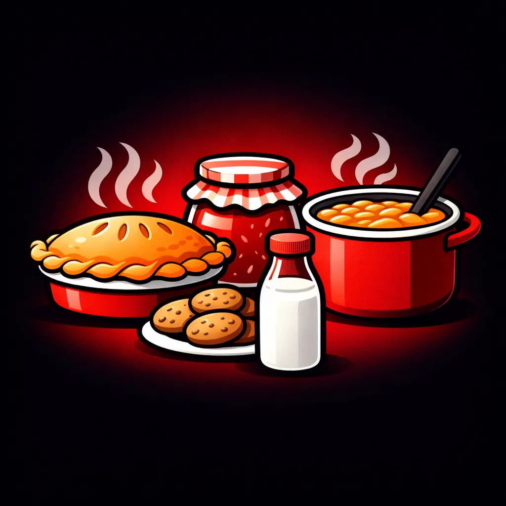 হোমমেইড ফুডস - items pie jam cookies and cooked meal illustration