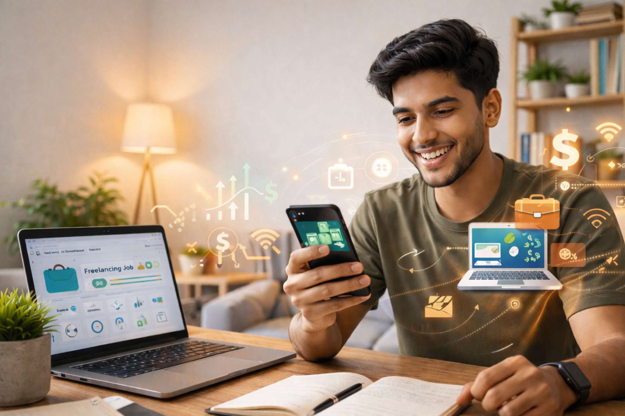 Young freelancer working on laptop and smartphone managing online income and freelancing jobs from home